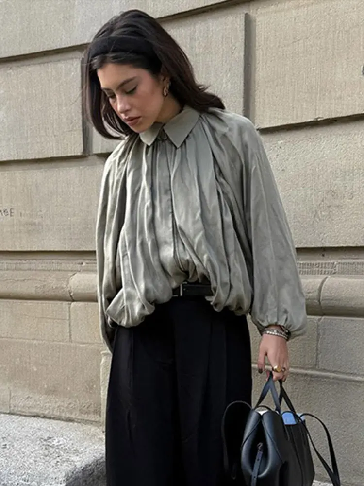 

Vintage Women's Bomber Jacket Solid Lapel Long Sleeves Loose Pleated Zipper Coat Lady 2025 Sping Streetwear Woman Outwear