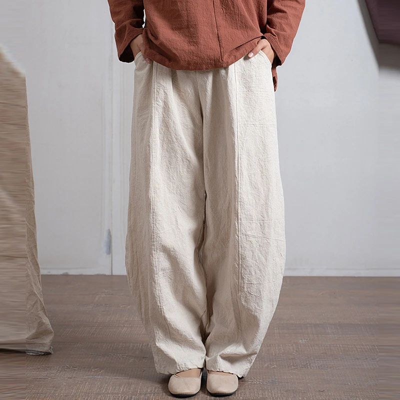 

High Waist Cotton Linen Casual Trousers Women New Arrival 2025 Spring Vintage Style Solid Color Loose Female Bloomers Pants T597