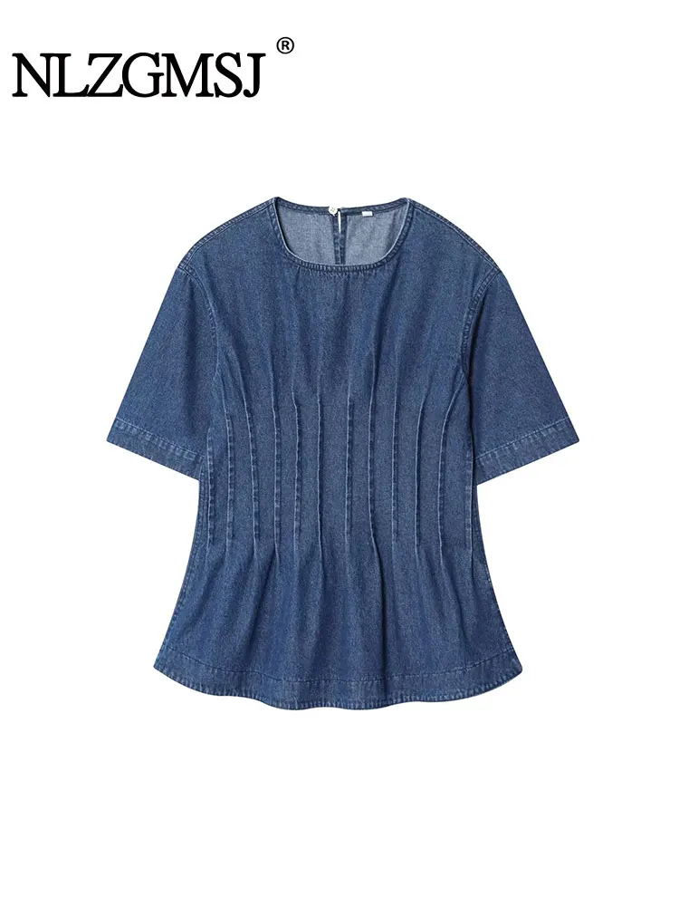 

NLZGMSJ 2025 Autumn Casual Street Style Shirt Fashion Waist Ruffles O-Neck Denim Shirt For Women Tops