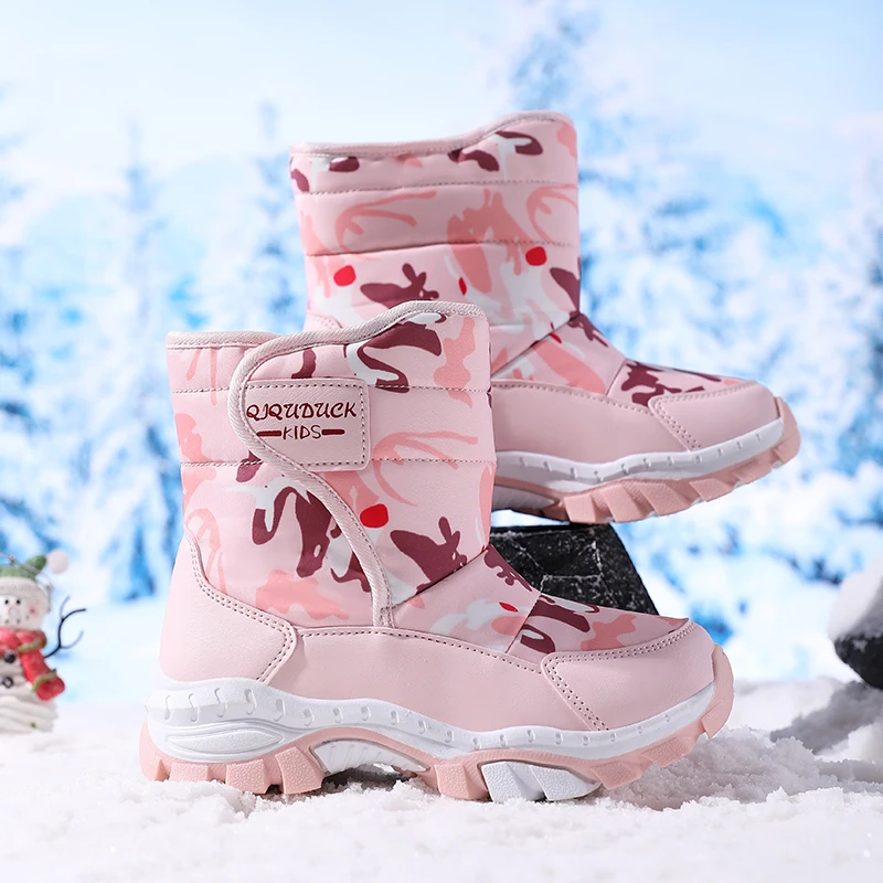 Zapatos de felpa para niños, botas de nieve con suela de goma, impermeables, antideslizantes, cálidas, para exteriores, color rosa, invierno, 2024