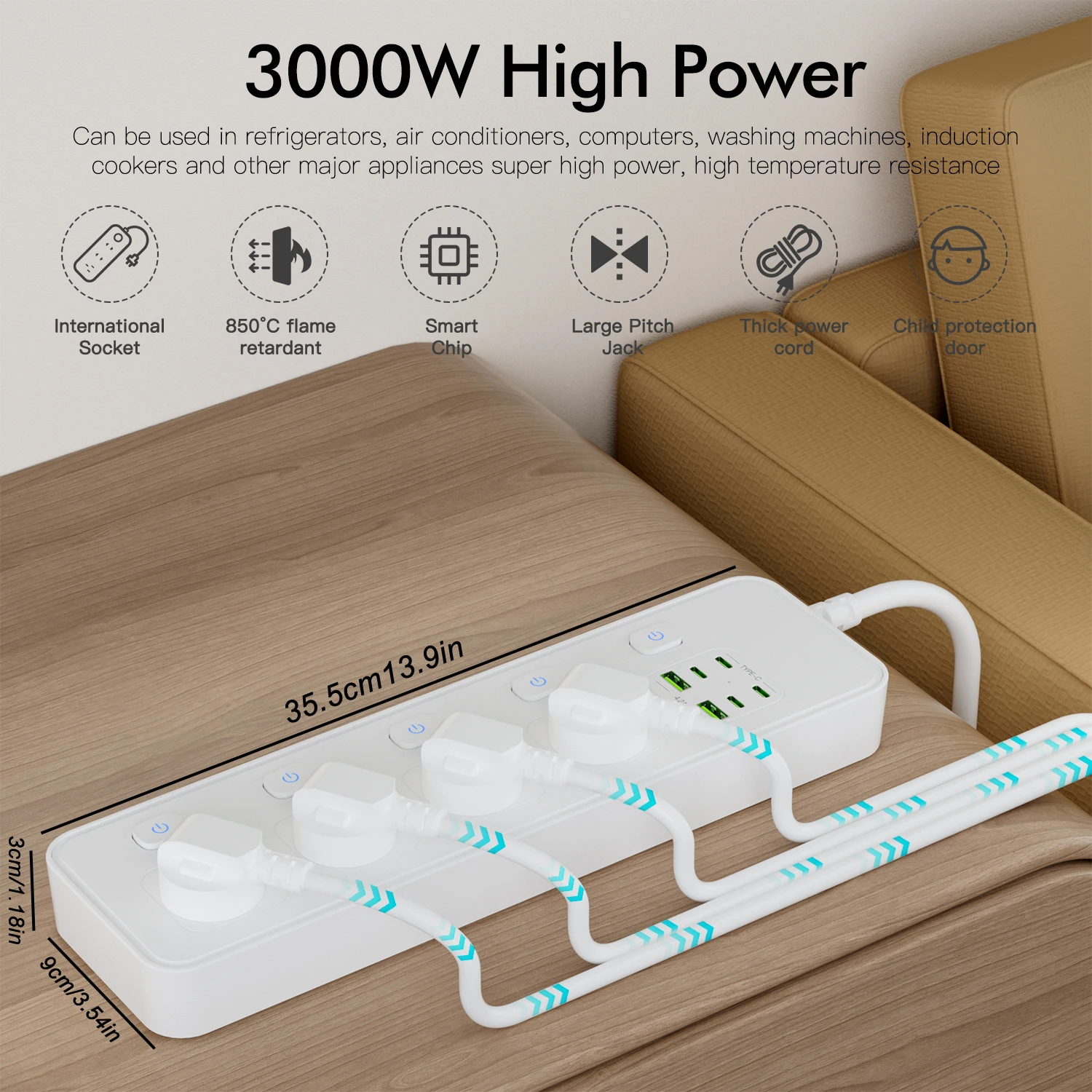 Australian Standard Plug, Multi-Functional Power Bar, 3000W High-Power USB Power Socket, 100-250V Independent Switch, 2M Cable