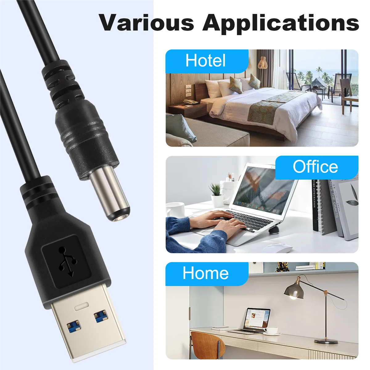 SMIEA USB Cable 5.5mm / 2.1mm 5V DC Barrel Jack Power Cable (Black, 75cm)