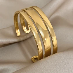 Chunky Stainless Steel Glossy Opening Bracelet for Women Multi-layer Cuff Wristband Waterproof Minimalist Jewelry Gifts