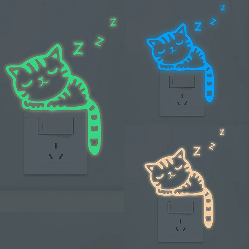 New Personalized Sleepy Cat Luminous 3 Color Switch Stickers, Self-adhesive Home Wall Stickers New for Children's room