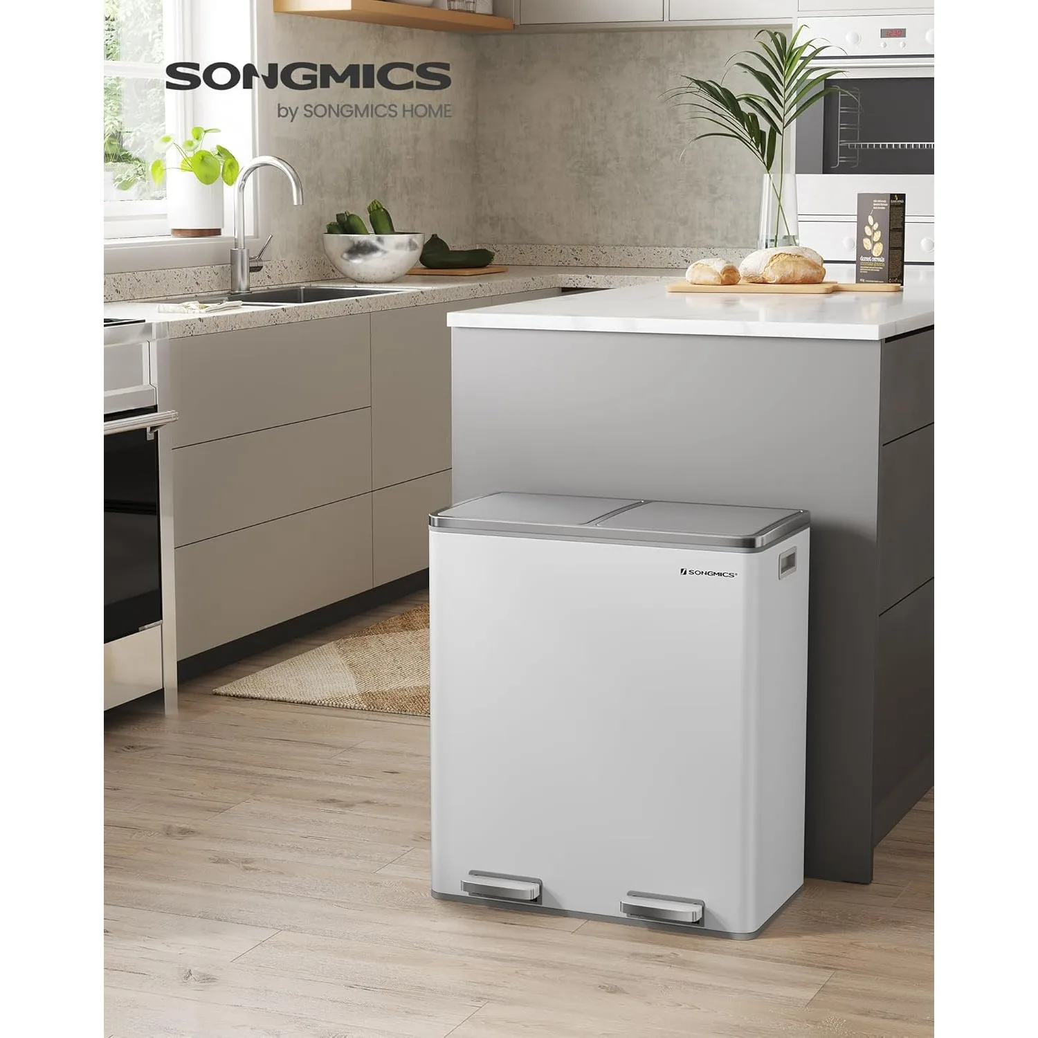 SONGMICS Trash Can 2 X 8 Gallon (2 X 30 L) Garbage Can for Kitchen with 15 Trash Bags 2 Compartments White and Gray ULTB60WT