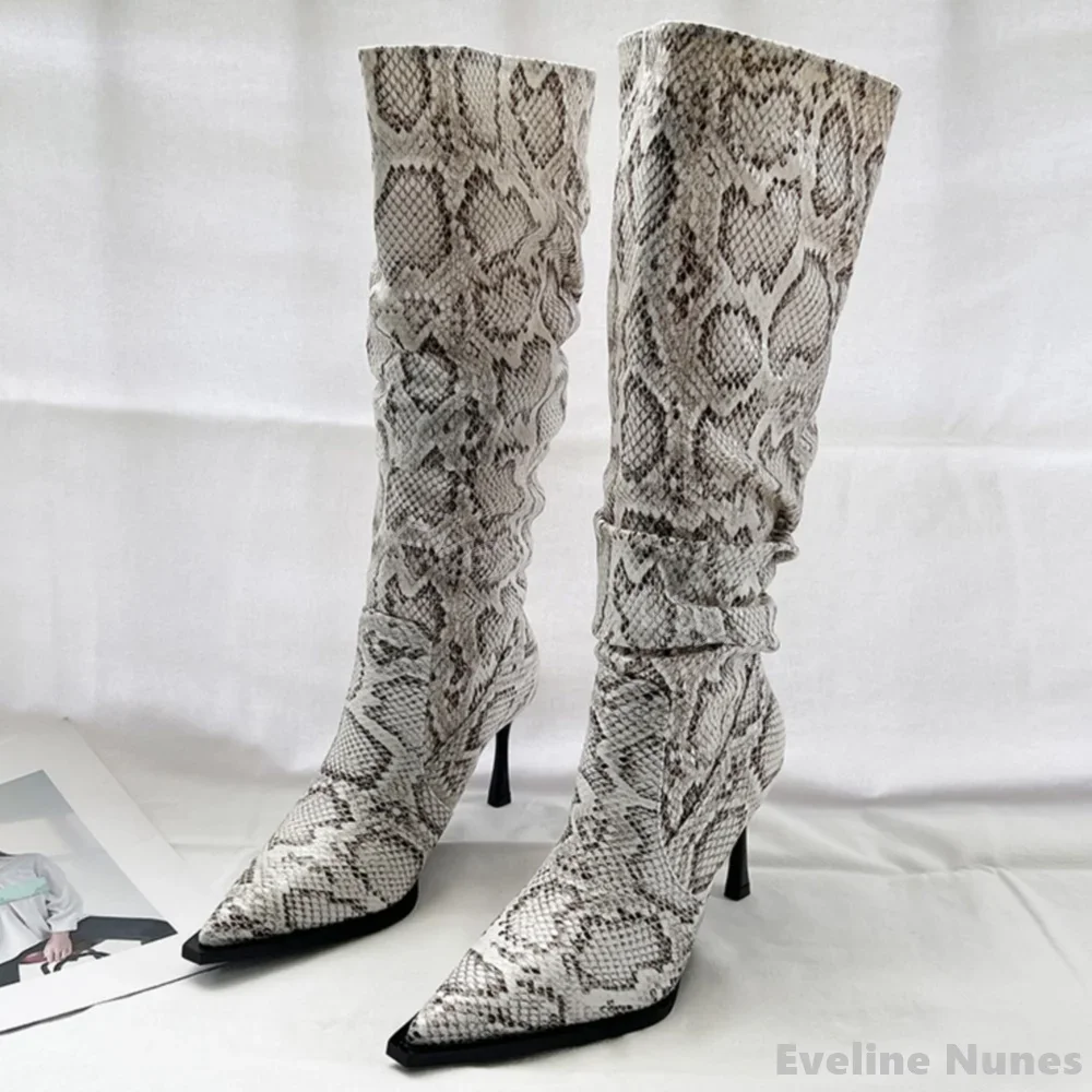 

Pointed Toe Pleated Leather Boots Women Slip On Solid Stiletto Heel Knee High Boots 2024 Autumn New Fashion Design Long Boots