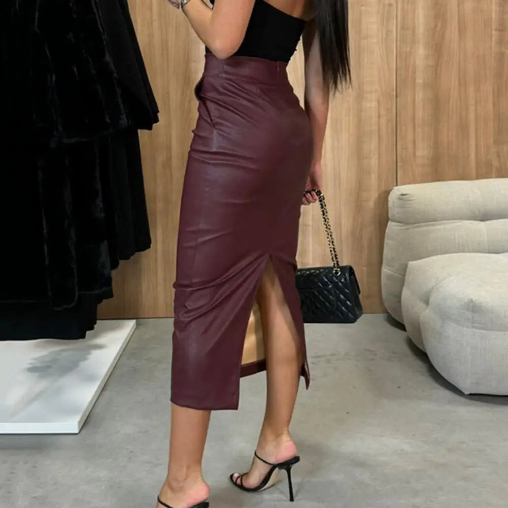 Back Slit Design Midi Skirt Elegant High-waist Midi Skirt Imitation Leather with Back Slit Design for Parties Wear Women's Slim