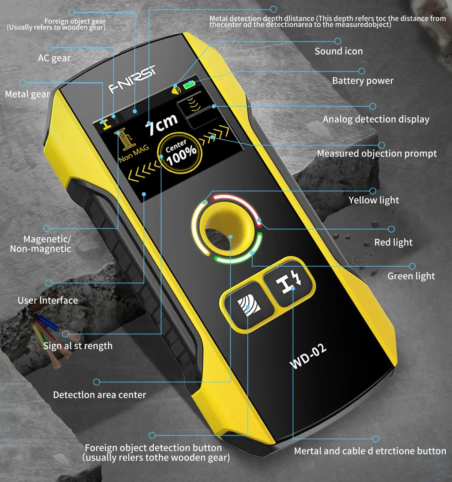 FNIRSI WD-01 WD-02 Wandscanner zur Erkennung von Holz, AC-Kabeln, Metallrohren, Bewehrungsstäben und Bohrlöchern für Dekorationspositionierung – Detail 17