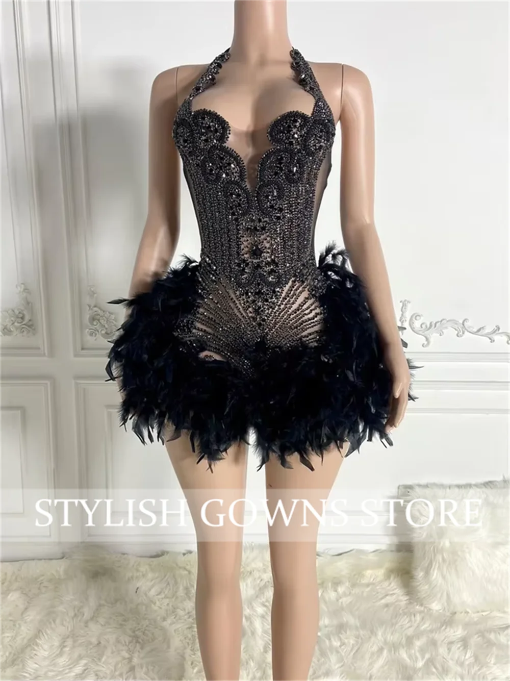 Shining Red Crystal Short Prom Dress For Black Girl Homecoming Senior Cocktail Dress Birthday Party Gown 2025 Feathers Customiz image 2