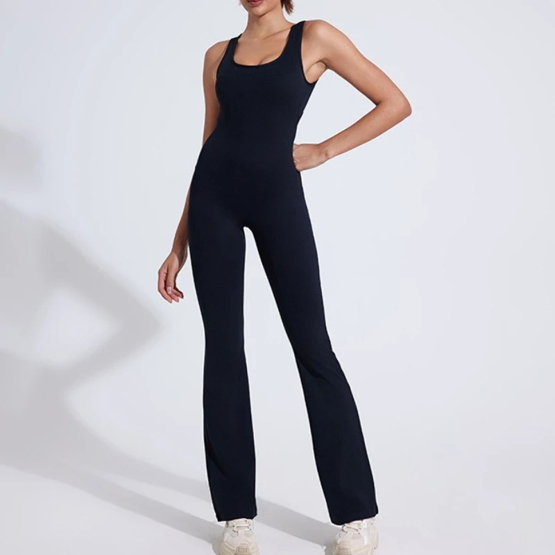 

Mileegirl Hollow Back Women Yoga Jumpsuit One Piece Sports Flare Pants Set Padded Gym Fitness Tracksuits Workout Bodysuit Romper