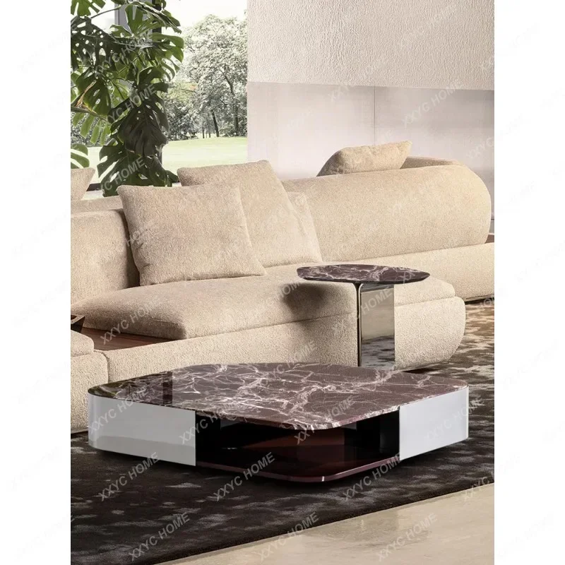 AANatural Purple Red Luxury Stone Coffee Table Home Villa High-end Tea Table Rounded Square Marble Coffee Table