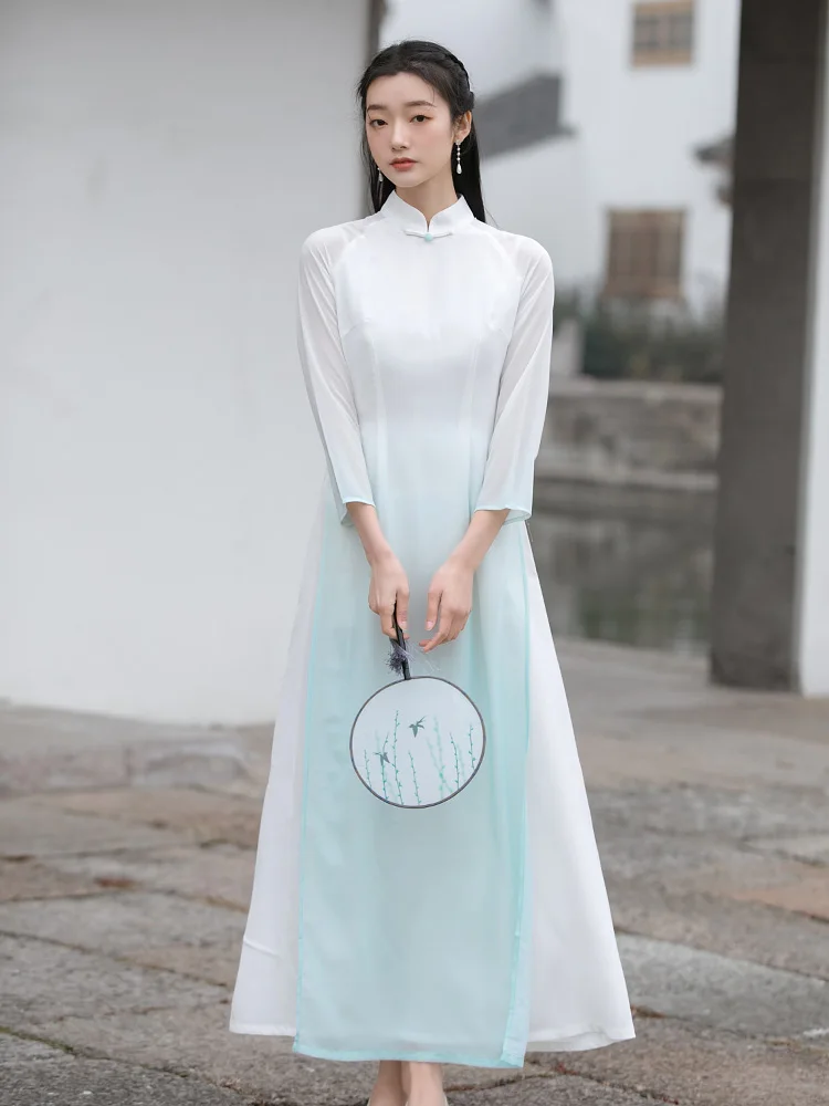 

Элегантное китайское платье-ципао Dr Fairy Aosphere из шелкового шифона с высоким разрезом, дышащее, для повседневной носки