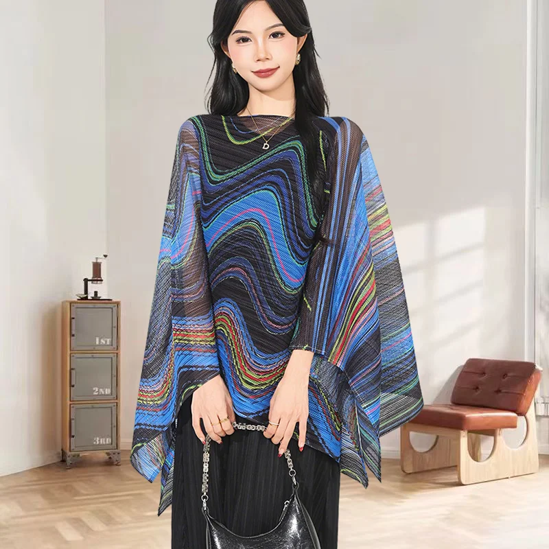

Miyake Pleated Jacket 2025 New Striped Sun Shawl Fashion Loose Casual Outfit Temperament Hundred Design Bat Sleeve Poncho Top