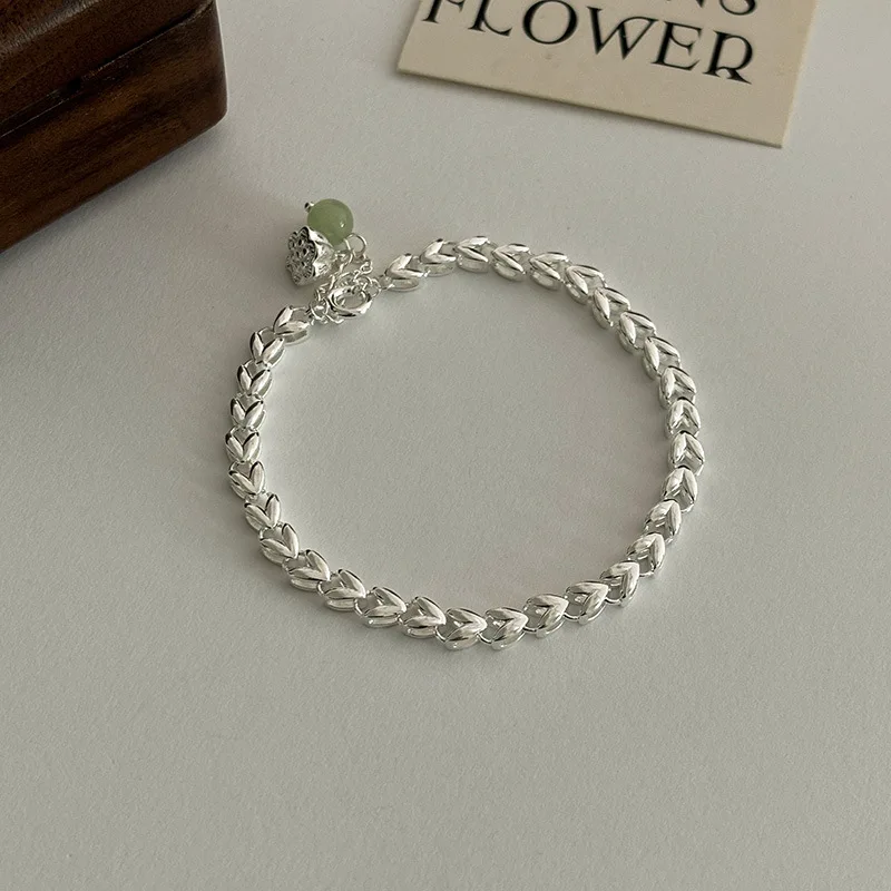 

PANJBJ 925 Sterling Silve Hotan Jade Bracelet for Women Girl Lotus Love Heart Jewelry Banquet Gift Dropshipping