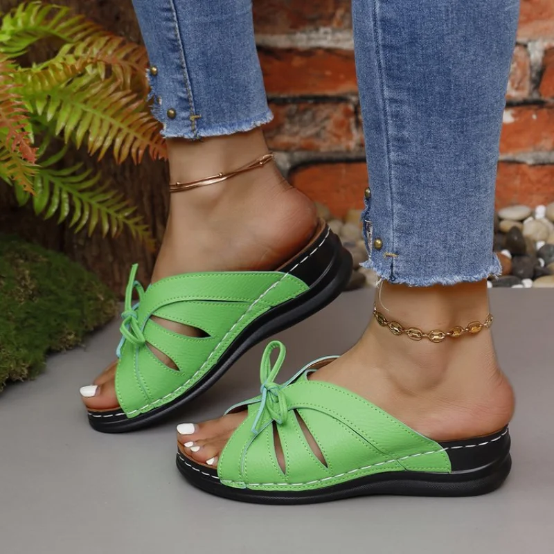 Women Bow Wedges Slippers Platform High Heels Shoes Summer Beach Flip Flops Female New Fashion Sandals Casual Slides Big Size 43