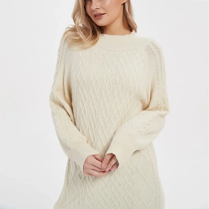 Suéter de punto de Ribbing Retro para mujer, Cuello medio alto, colores sólidos, suéteres largos de punto casuales sueltos, ropa cálida de otoño e invierno