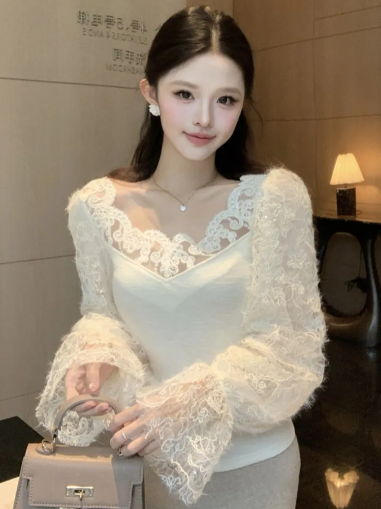 

Elegant Long Sleeve T-Shirt Women's Waist Cinched Lace Trim Collar Atmosphere Beautiful Fashionable Top Casual Spring Summer