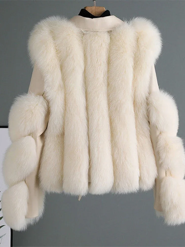 Chaqueta de cuero de lujo para mujer, abrigo mullido de manga larga de retales a la moda, prendas de vestir exteriores elegantes y gruesas para mujer XQ124