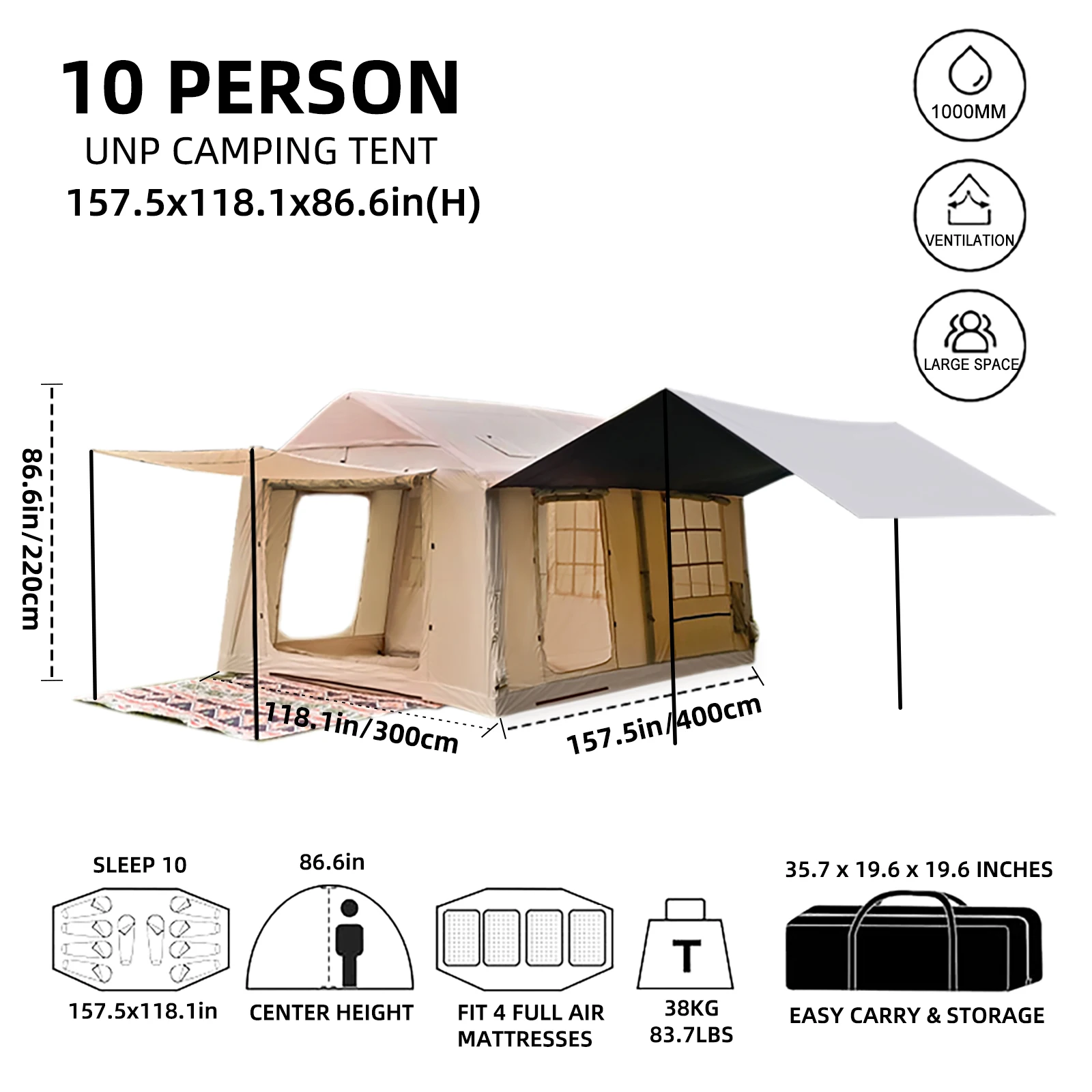 Tenda da campeggio gonfiabile da 9,84x13,12FT, tenda gonfiabile per 6-8 persone di facile installazione, antivento impermeabile per 4 stagioni, casa ad aria extra large