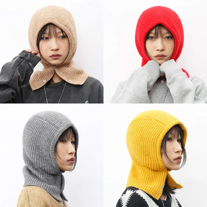 Women Winter Knitted Cap Pullover Lady Balaclava Hat Warm Ring Scarf Woolen Yarn Beanie Outdoor Snood Collar Muffler Gorras