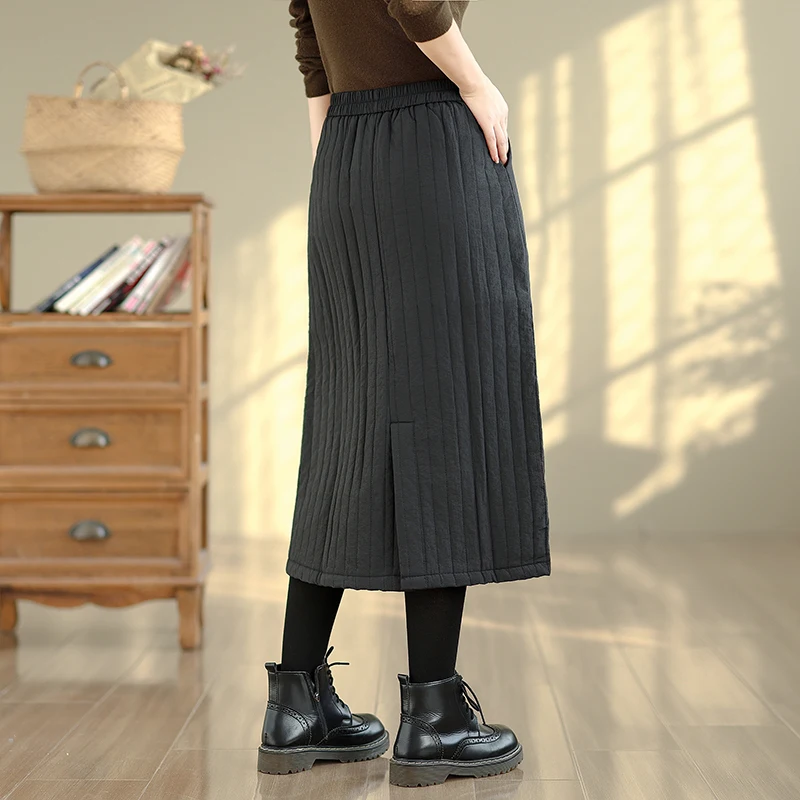 Warmer Baumwoll-F-Rock mit vertikalen Streifen, A-Linien-Midirock, reine Farbe, Winter Faion Pred Line Commute Sle Damen-S...