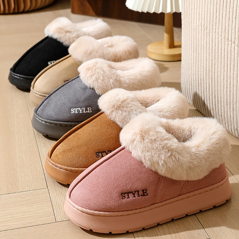 Fluffy Slippers For Women Men House Winter Plush Lined Thick Sole Non-slip Snow Boots Warm Indoor House Fuzzy Cotton Shoes
