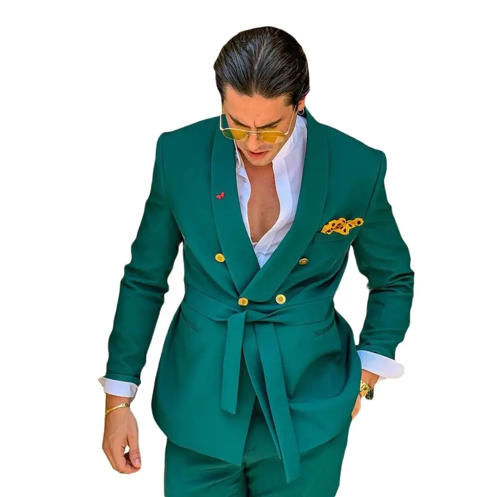 Conjunto de esmoquin de doble botonadura para Hombre, Traje verde ajustado, chal con solapa, Formal, para boda, Americana, 2 piezas