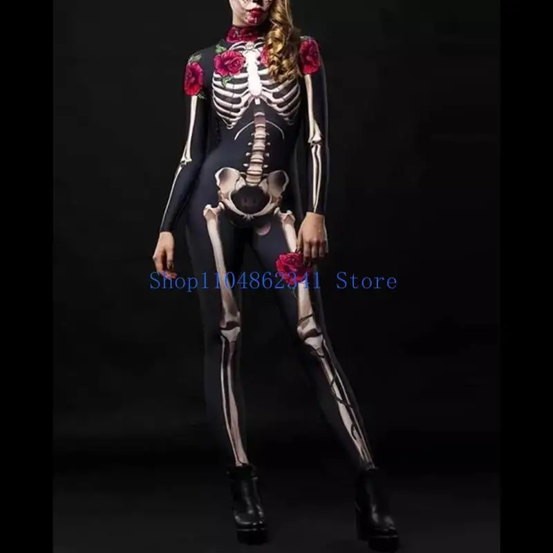 5asd Damen-Halloween-Party-Kostüm, Totenkopf-Aufdruck, langärmelig, Overall, Outfit, Skelett