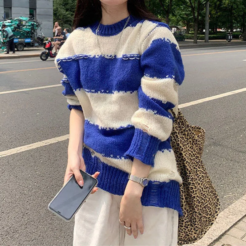 Autumn Winter Trend Loose Striped Hole Sweaters Women's Clothing Korean Fashionable Long Sleeve Knitted Pullovers for Female