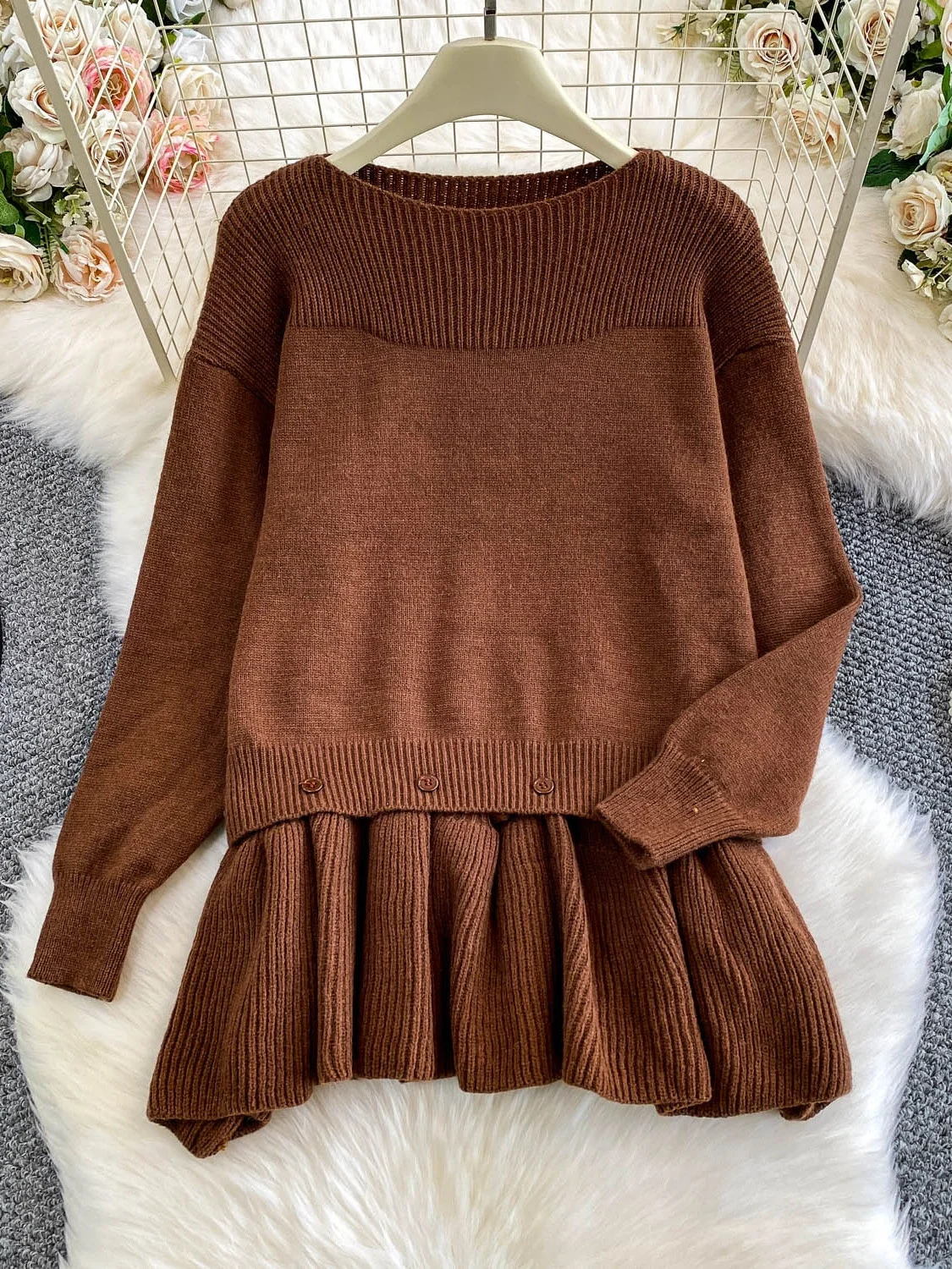 Шикарный длинный вязаный свитшот Sve, женский свободный дизайн с кружевным подолом, повседневный удобный корейский топ средней длины