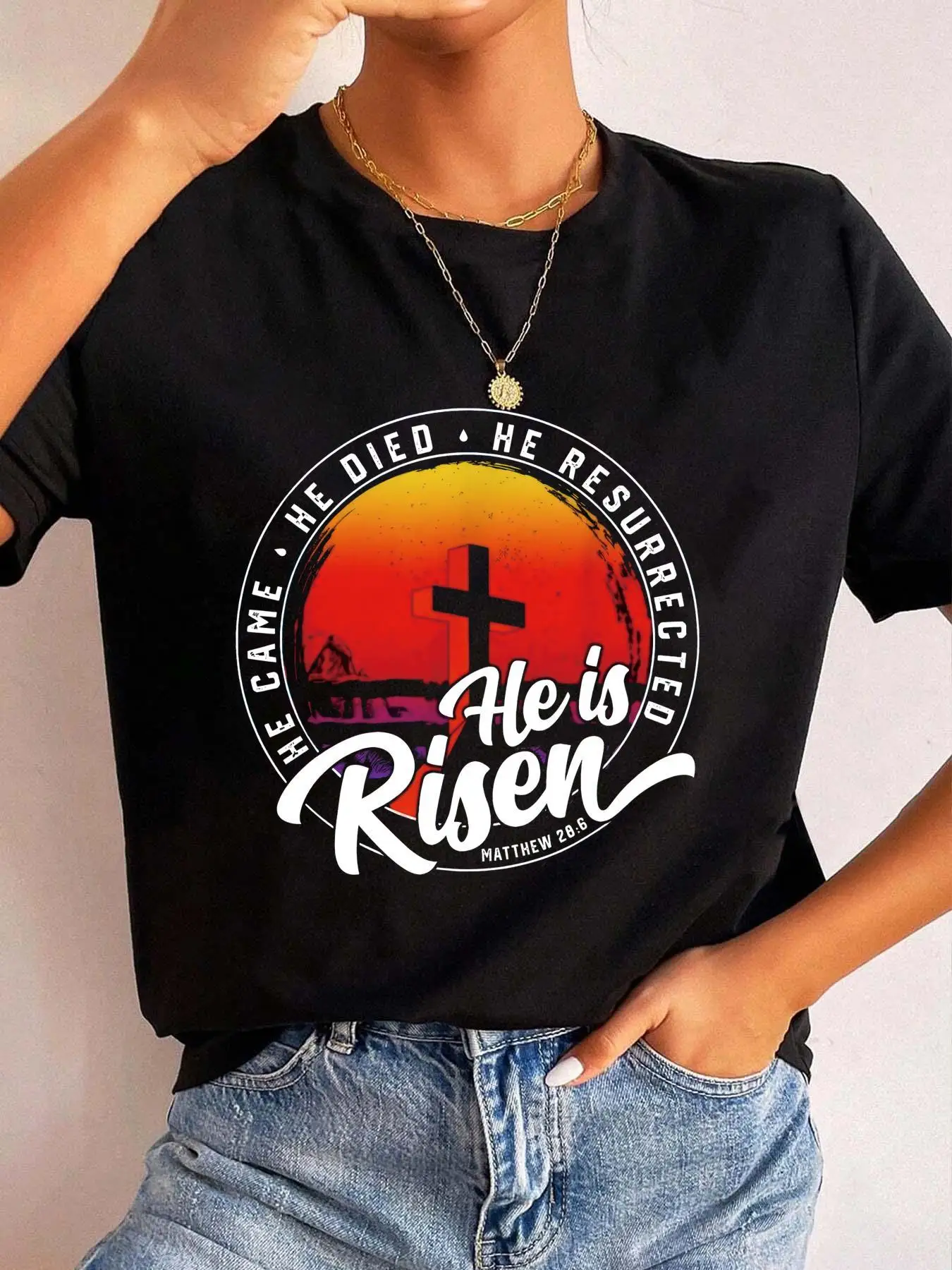 He Is Risen Easter Christian Vintage T Shirt Religious Resurrection Faith Tee Casual Crew Neck Short Sleeve Comfort Top