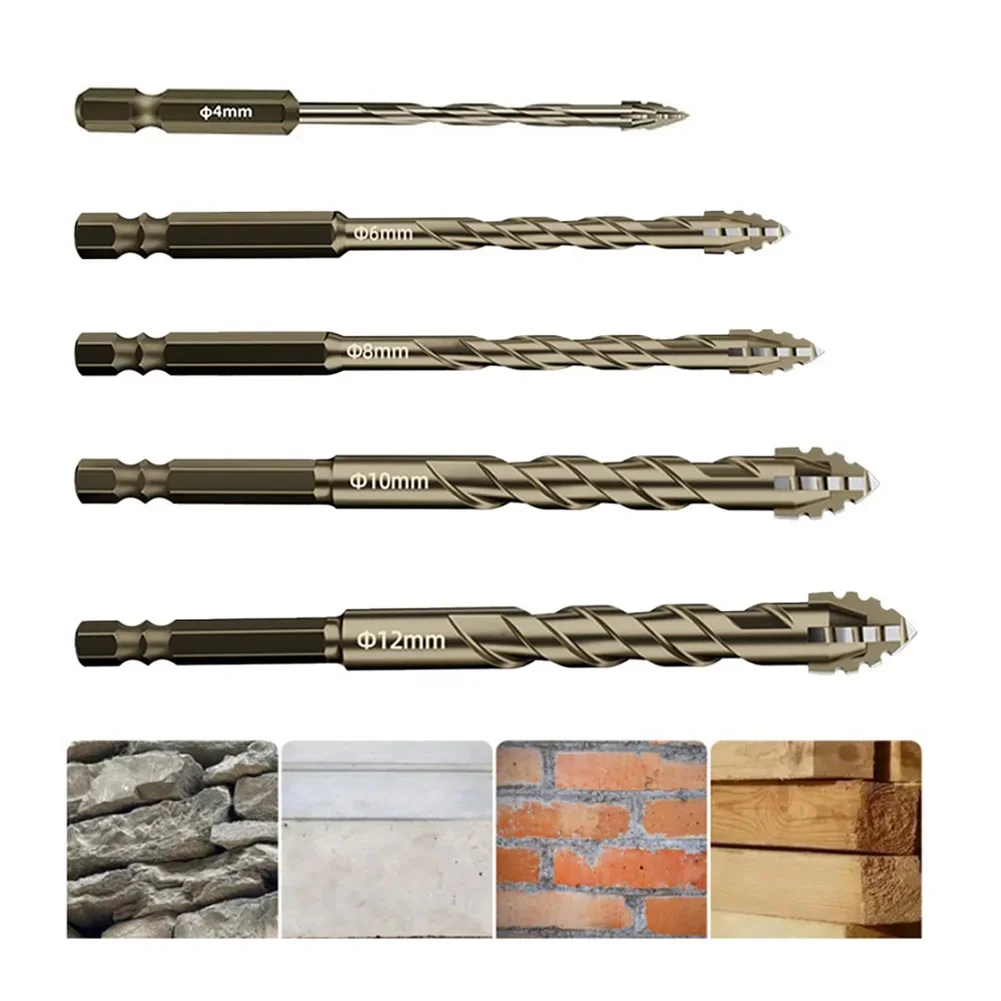 5pcs 4/6/8/10/12mm Eccentric Drill Bit 4 Edge Masonry Drill Bits Set For Wood Concrete Glass Brick Tiles