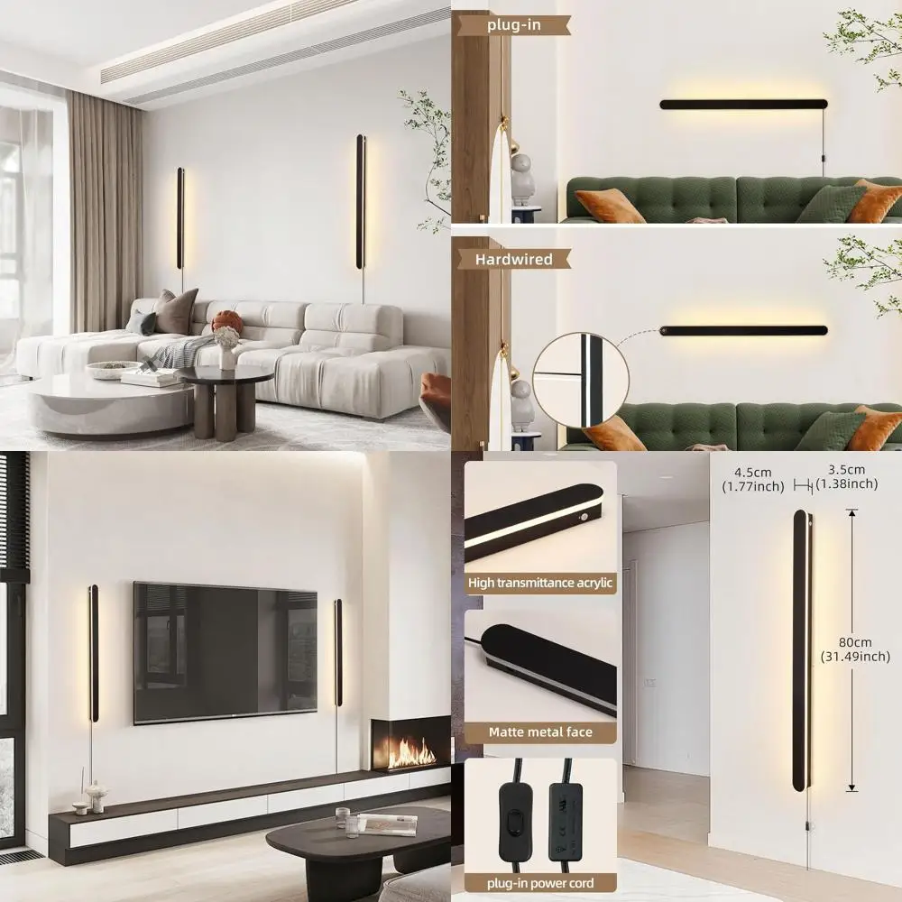 

Contemporary 16W LED Wall Sconce, 31.49 Black Matte, Warm White 3000K, 59 Cable, Suitable for Home Interiors