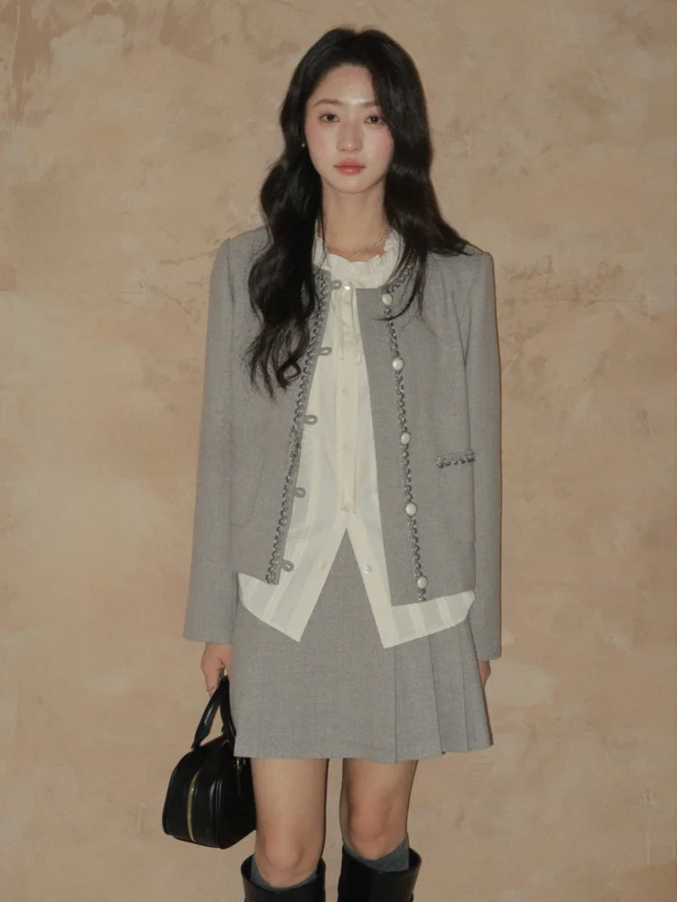 

Retro Silver Tead ort Woolen Coat High Waist Pleated Skirt And irt Tee Piece Set ey Vintage Sle Women's Suit