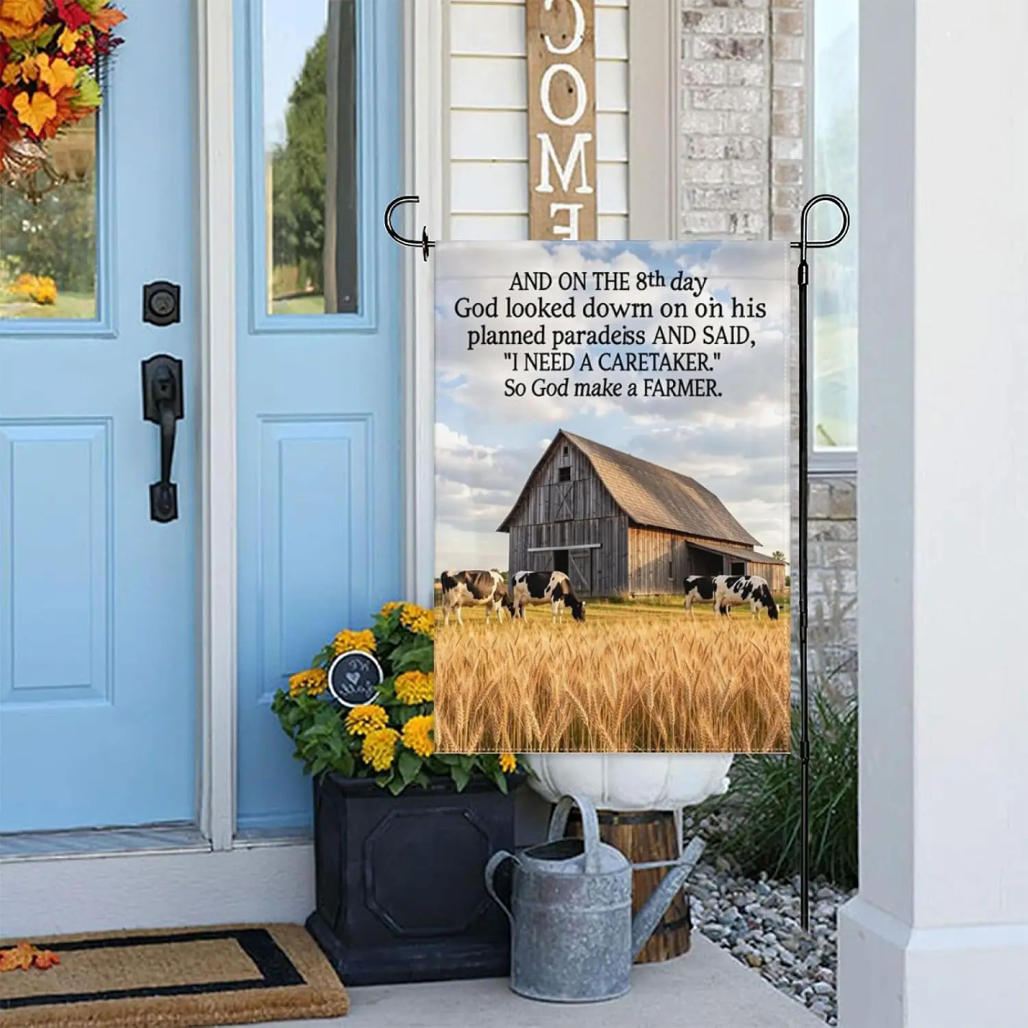 And on the 8th Day God Created a Farmer Garden Flag 12×18in Double Sided Rustic Barn Cow Farmhouse UV Resistant Waterproof O yyi