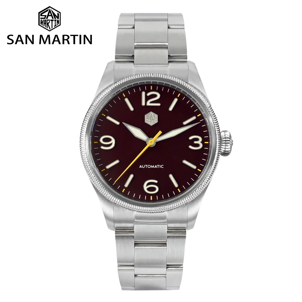 San Martin 38.5mm Retro Men Pilot Watch Original Design Carved Coin Bezel NH35 Automatic Mechanical Sapphire Waterproof 100m