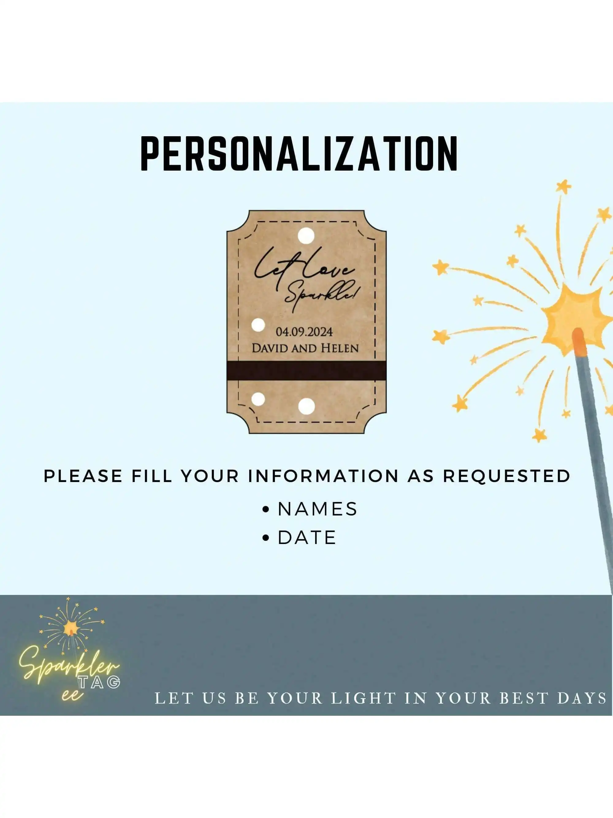 100 قطعة علامة سباركلر مخصصة مقاس 5 × 7 سم لحفلات الزفاف والحفلات والخطوبة والذكرى السنوية - شحن سريع - المباريات غير متضمنة