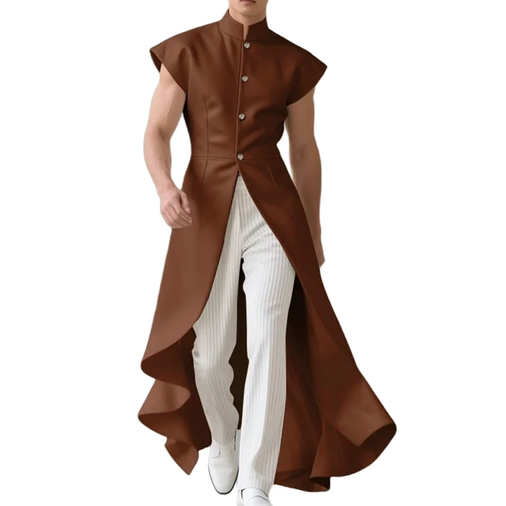 

Men Long Style Vests Solid Stand Collar Sleeveless Button Male Waistcoats Ruffle Irregular Vests