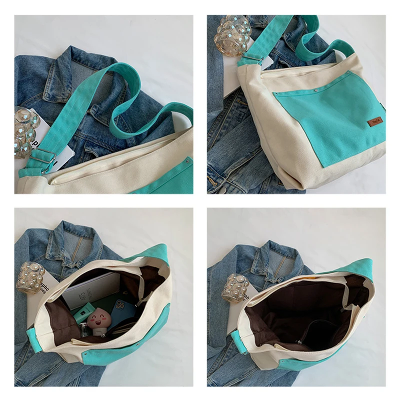 Contrast Color Canvas Bags For Women INS Shoulder Crossbody Bag Zipper Shopping Eco Bag Korean Messenger Bag Y2K Large Handbags