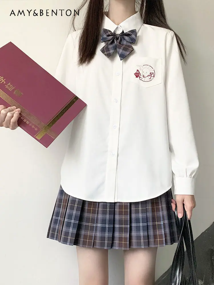 

Spring Autumn Japanese Style Cartoon Embroidery Women's White Long Sleeve JK Shirt Summer Loose Casual Short Sleeve Shirt