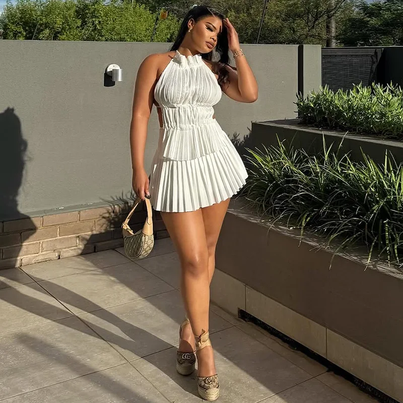 

New neck pleated backless sleeveless lace-up top pleated short skirt set fashionable simple versatile temperament elegant holida