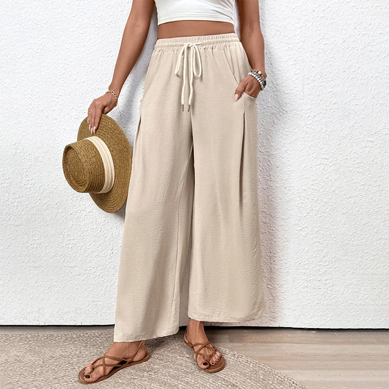 Conciso Dames Abrikoos Zomer Wijde Pijpen Linnen Hoge Taille Los Casual Werk Lange Broek Broek Zakken Baggy Trekkoord Resort