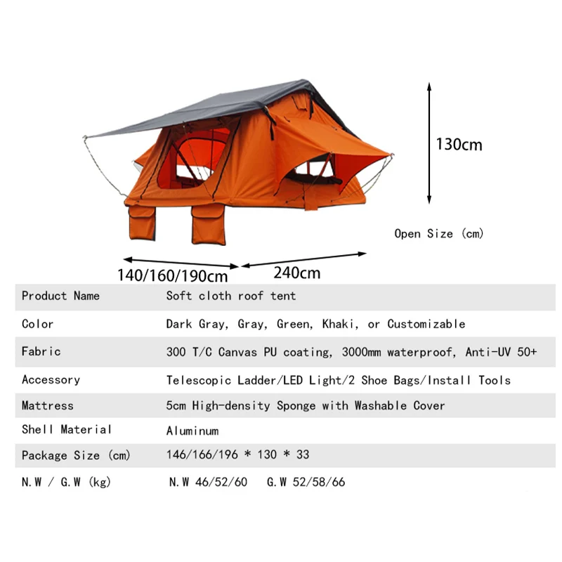 Custom Manufacturer Waterproof Roof Top Tent Retractable Folding Hard Shell Fiberglass Rooftop Tent for 1-4 person