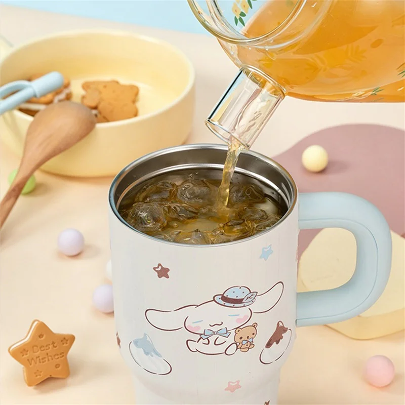 X&W for Sanrio Cartoon Insulated Cup 316 Stainless Steel Coffee Mik Thermal Mug with Straw＆Handle Large-capacity Car-mounted Cup
