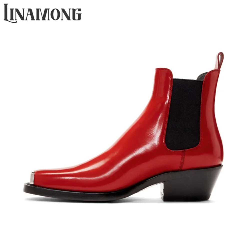 Buffed Leather Chelsea Boots Metallic Square Toe Western Ankle Boots Multicolor Stretch Strap Slip on Boots Classic Solid Colors