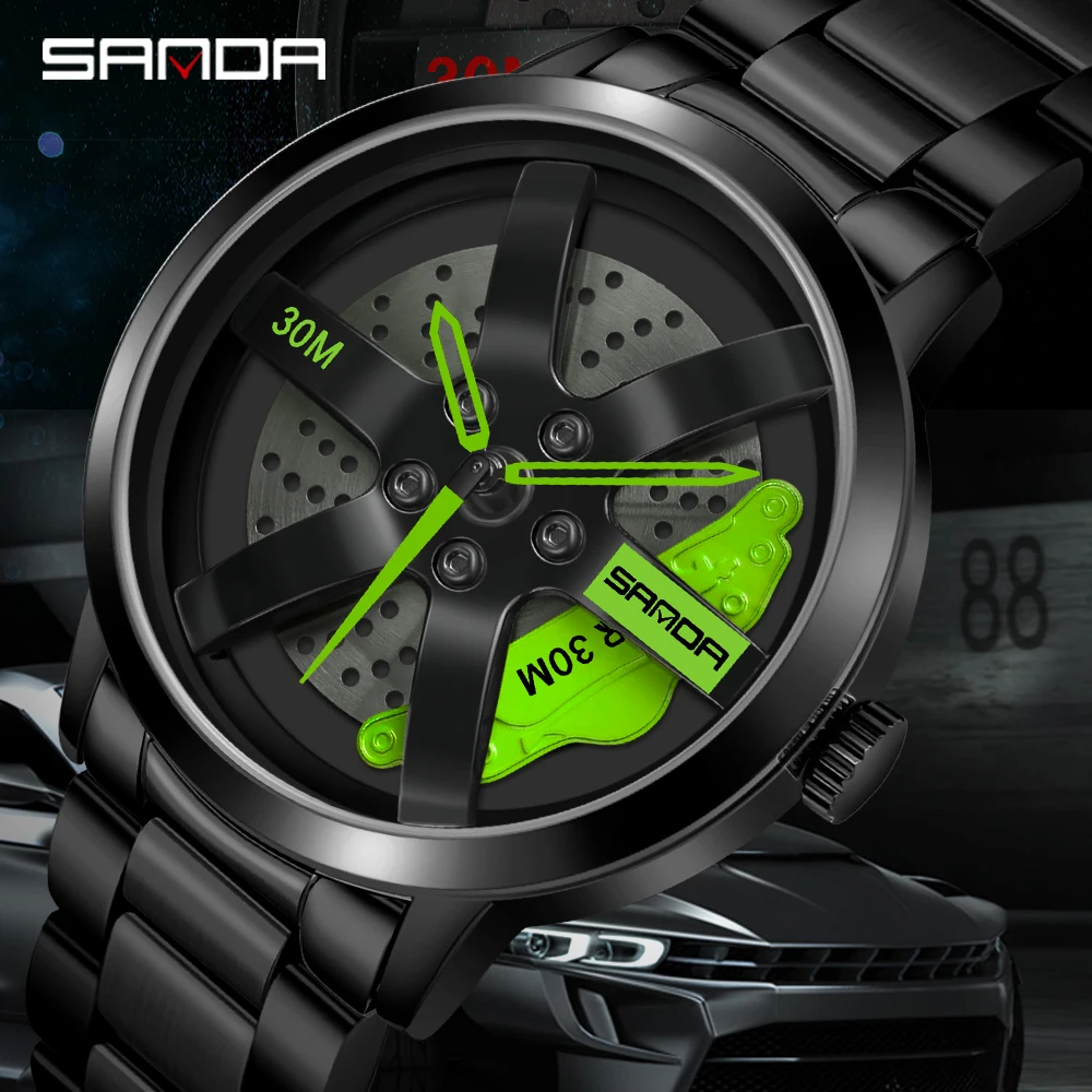 SANDA Men Rim Hub Watch Custom Design Sports Car Watch Stainless Mesh Racing Wheel Rim Hub Quartz Watch Man WaterproofRelogio