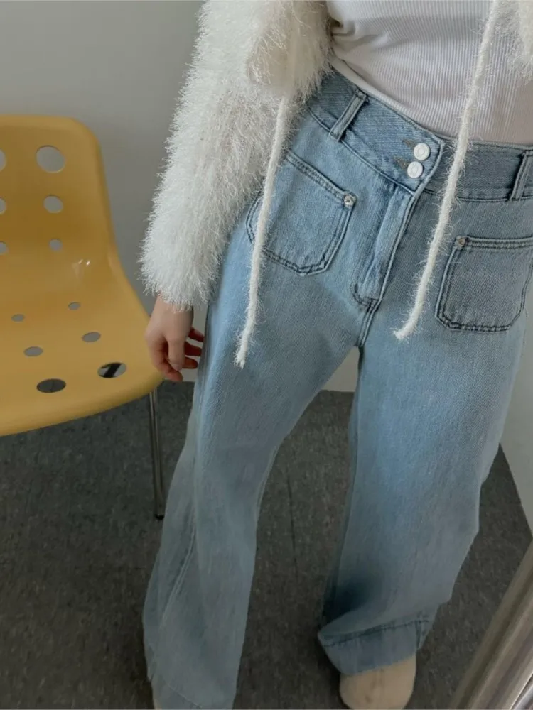 Jeans Autumn Long Pant Women Pleated Fashion Loose Korean Style Ladies Trousers Casual High Waist Woman Flared Pants