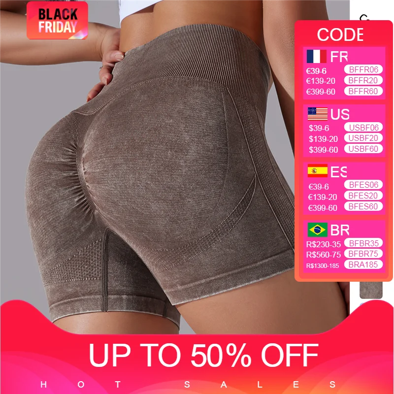 

Seamless Acid Wash Scrunch Butt Short Women Yoga Fitness Running Tights Ribbed High Waist Yoga Pants Sports Gym Exercise Leggins