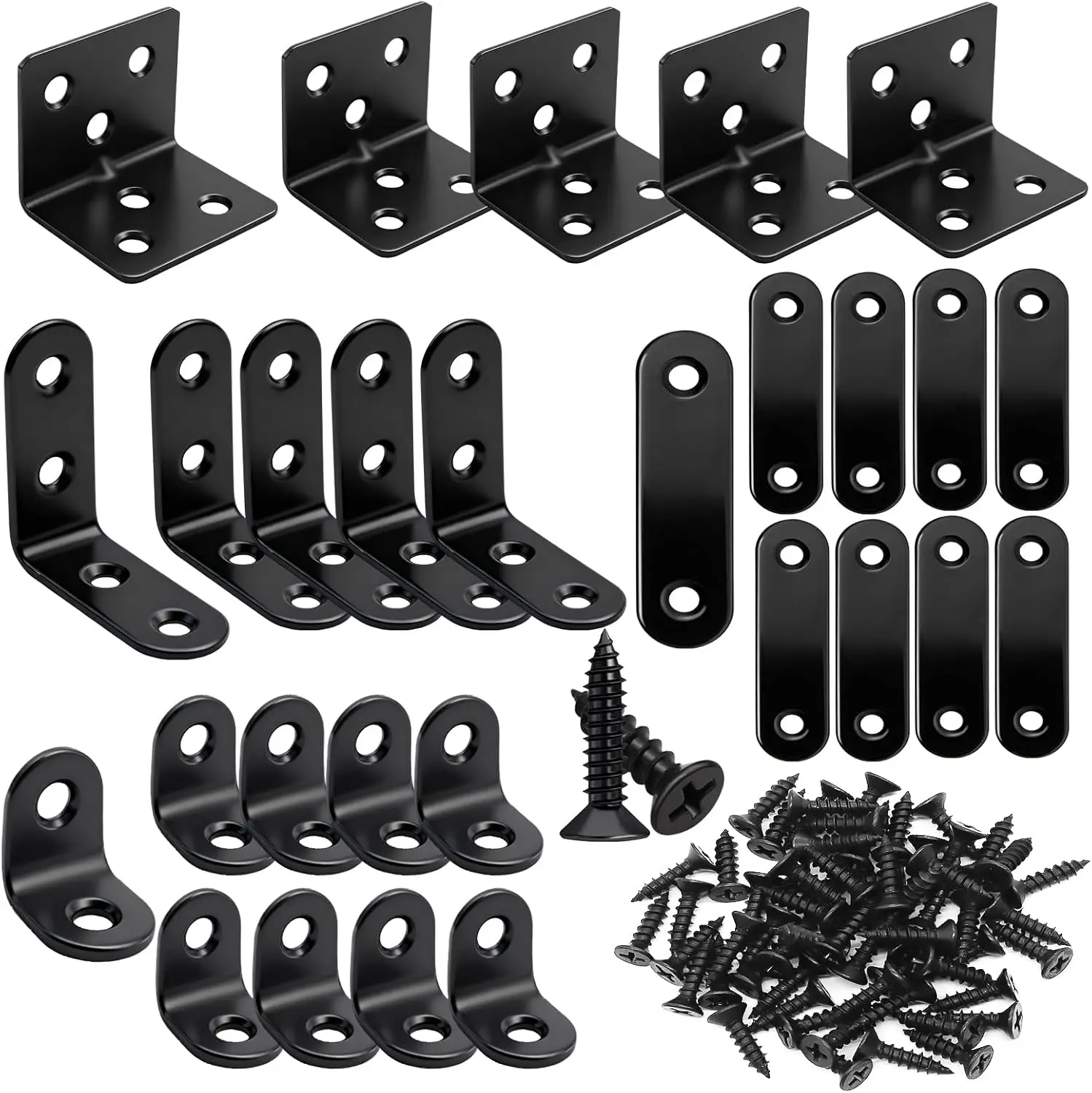 

96PCS Black Stainless Steel Flat and L Corner Brackets Mending Plates for Wood Furniture Repair and Fixing with Screws