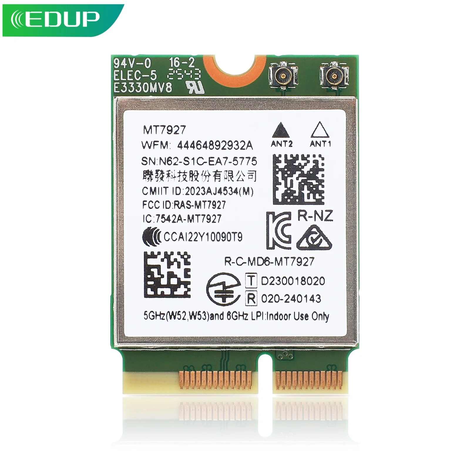 

EDUP MT7927 High Speed BE9300 Wi-Fi7 Adapter Bluetooth 5.4 9.3Gbps Tri-Band M.2 NGFF Key E WiFi Card for Win11/Linux
